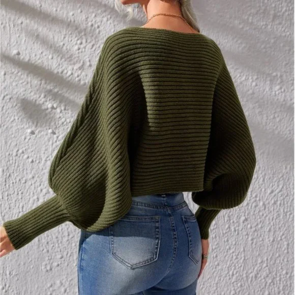 Ribbed Knit Lantern Sleeve Crop Sweater - Picture 3 of 6